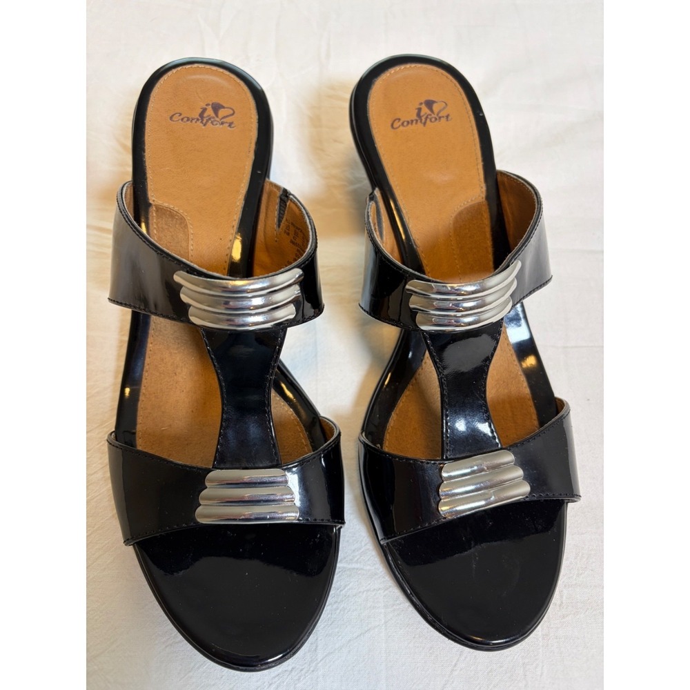 I Love Comfort Black Patent Wedge Sandals~9.5 M~ Slip In 3" Heel~Solar~Open Toes